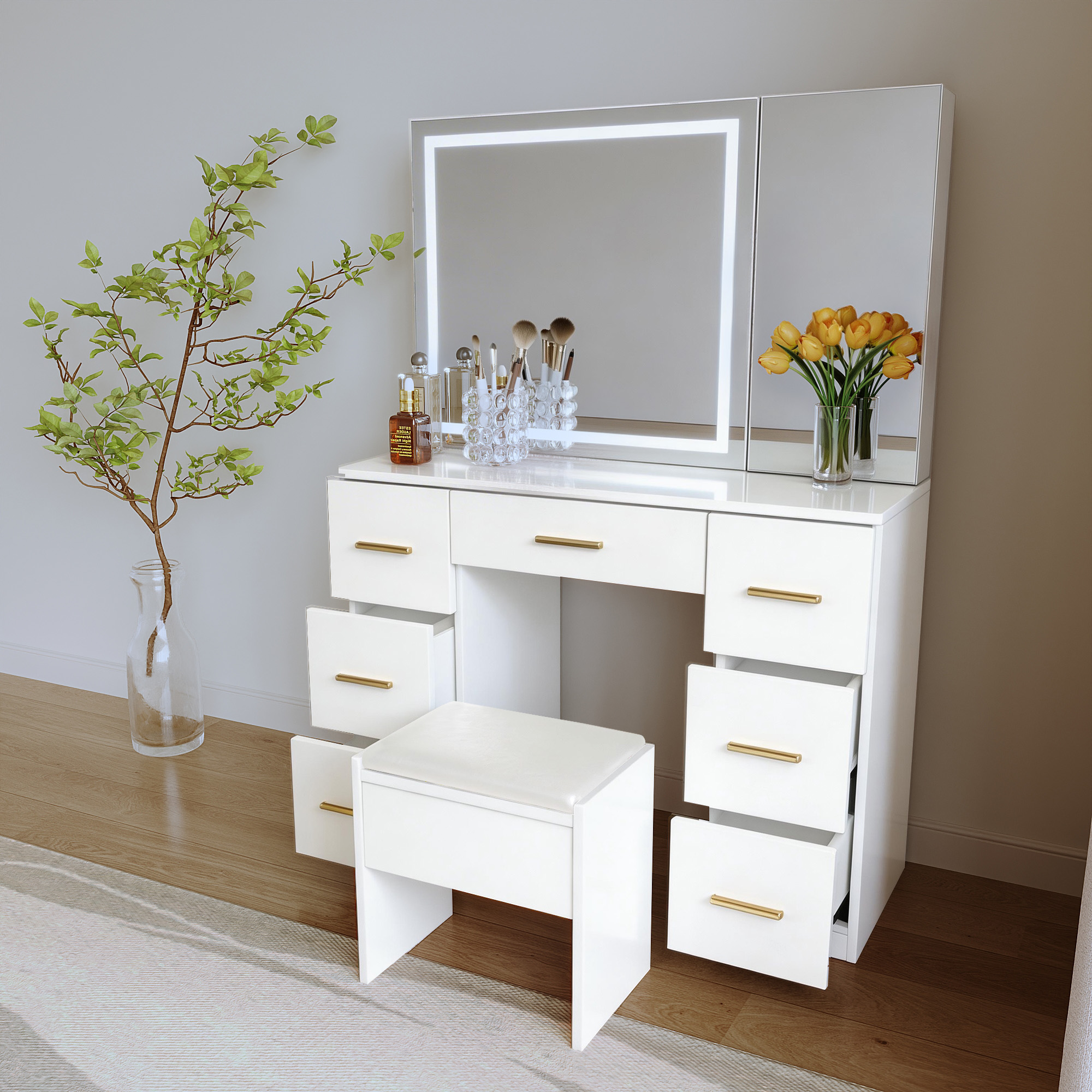 طاولة تزيين تسريحة - لون أبيض بواجهة لامعة